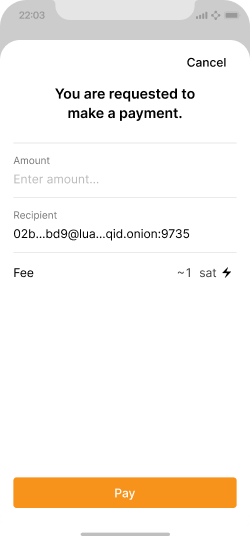 A payment request screen with the recipient pre-filled