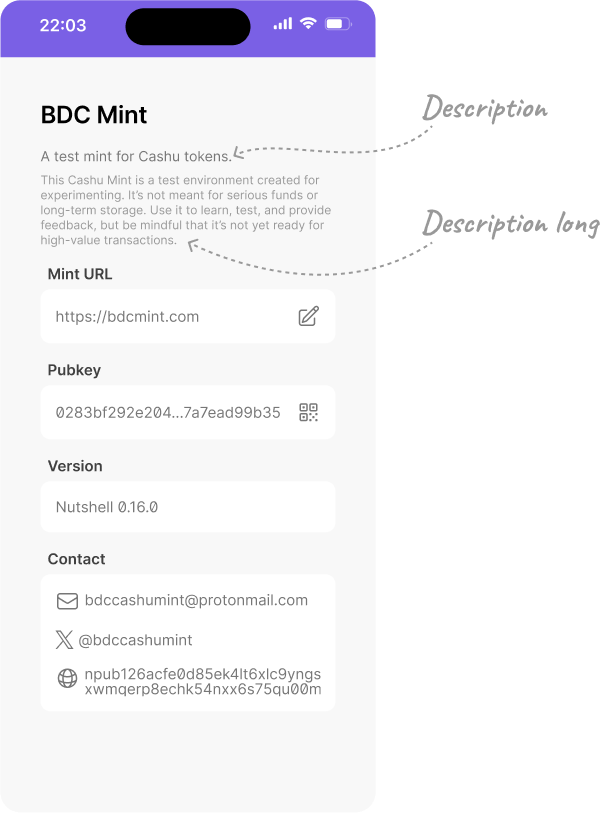 Mint descriptions display in a wallet interface