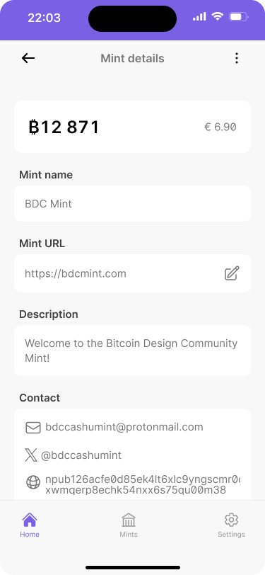 Cashu Mint metadata fields displayed in a wallet interface.