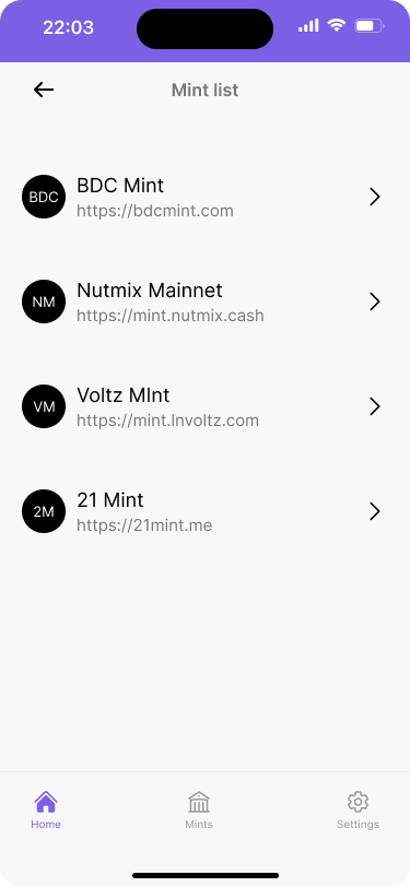 List of Cashu mints with mint addresses displayed.