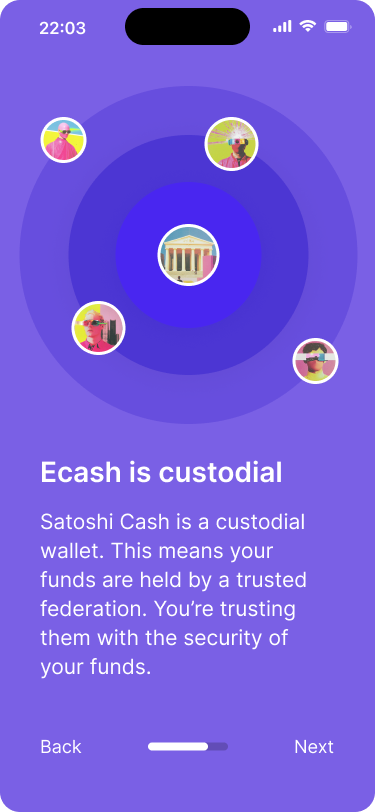 Screen explaining that ecash in Satoshi Cash is custodial, meaning funds are held by a trusted mint or federation. Visual elements show federations as circles around a central icon to illustrate the custodial structure.