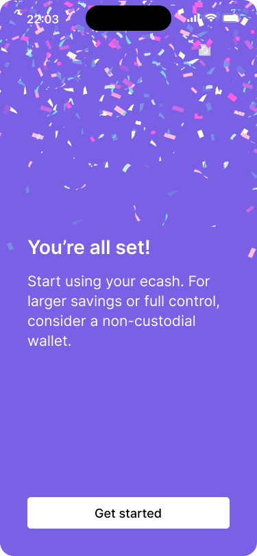 Final onboarding screen with confetti graphics, indicating that the user setup is complete. The message encourages users to start using ecash and consider a non-custodial wallet for larger savings.