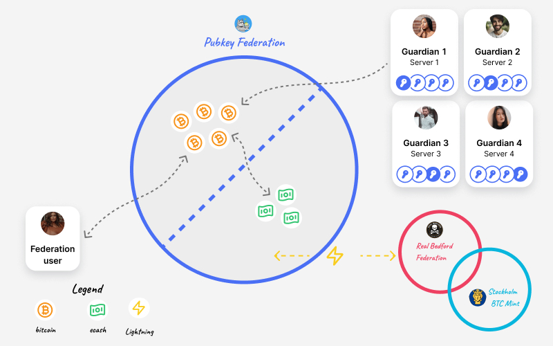 An illustration of how users, ecash, and a federated mint interact.