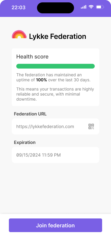 A mobile wallet interface with a screen that shows a countdown timer and a message that the federation will shut down in 15 days.