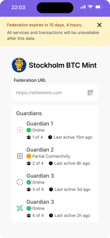 A mobile wallet interface with a screen that shows a countdown timer and a message that the federation will shut down in 15 days.