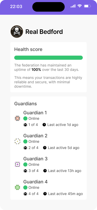 A mobile wallet interface with a screen that shows a federation and their health status in the form of a green progress bar. The more the progress bar is filled, the more the guardian has maintained uptime.