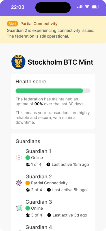 A mobile wallet interface with a screen that shows a federation experiencing partial connecetivity issues due to one guardian being offline.