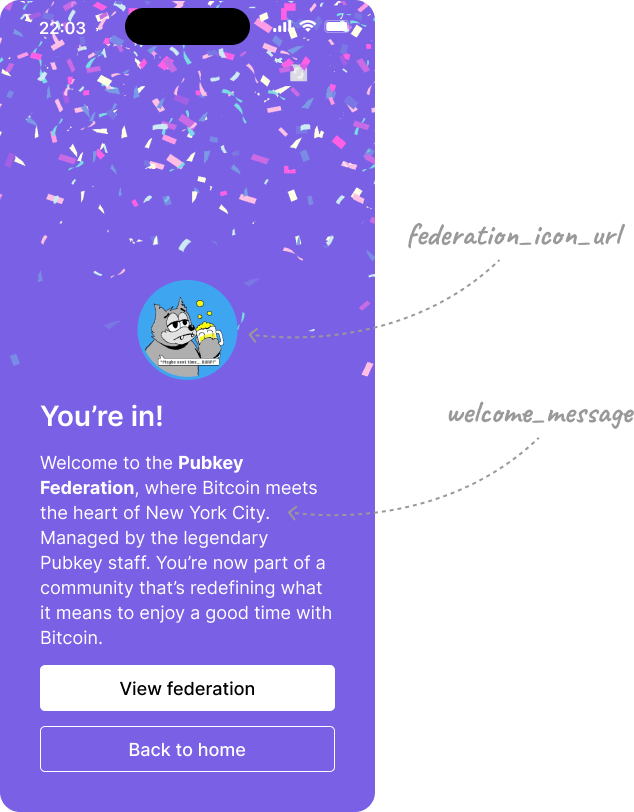 Federation welcome message display in a wallet interface.