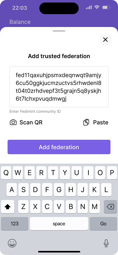 Screen for adding a trusted federation, with a field showing a long Fedimint community ID entered. Options are available to scan a QR code, paste, or add the federation.