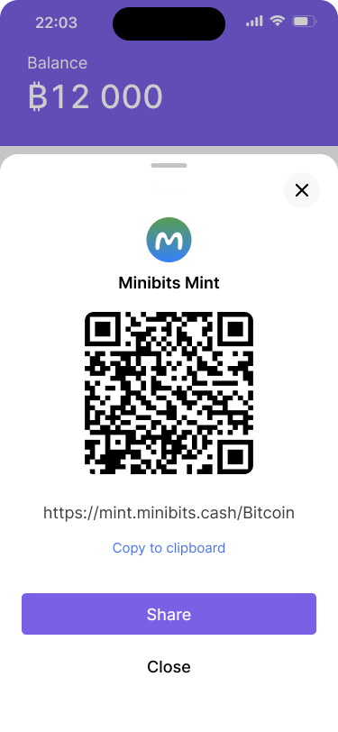 Screen displaying a QR code for Minibits Mint, with the URL ‘https://mint.minibits.cash/Bitcoin’ shown below, along with options to copy the link and share.