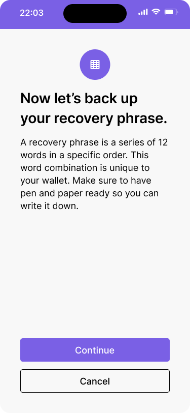 A mobile wallet interface with a screen that explains what a recovery phrase is.