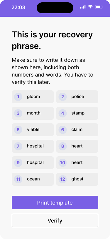 A mobile wallet interface with a screen that shows the recovery phrase with numbering.