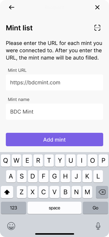 A mobile wallet interfact that shows a user entering a mint url and the mint name automatically populating.