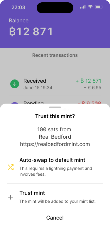 A mobile wallet interface showing a bottom sheet with the option to trust the mint that the token is being sent from, or to auto-swap the mint to their default mint.