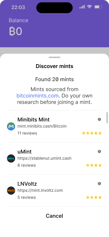 Discover mints screen displaying a list of available mints for the bitcoin-backed ecash wallet. Each mint has its name, URL, number of reviews, and star rating. A note above the list advises users to “Do your own research before joining a mint.”