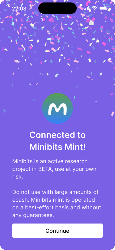 Onboarding screen for a bitcoin-backed ecash wallet showing a successful connection to “Minibits Mint.” The screen includes a message about the mint being in BETA and advises users not to store large amounts of ecash. A “Continue” button is displayed at the bottom.