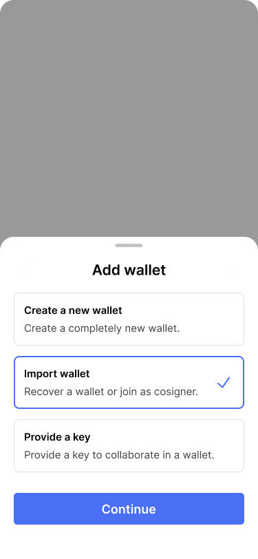 Screen showing different options for adding a wallet.