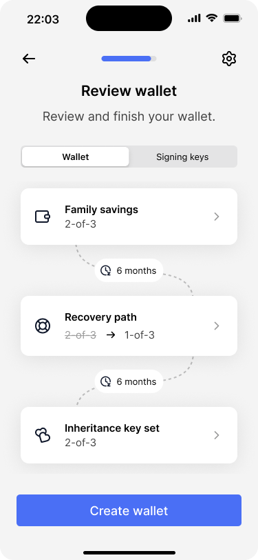 Screen showing the final wallet configuration, with an option to review the details of the signing keys.